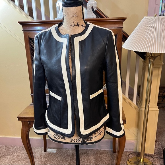 Each x Other Paris Black and Cream Leather Jacket in Excellent Condition.  Sz S. - Picture 1 of 13